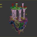 Detailed Ancient Architectural Sculpture on Floating Rock with Columns and Broken Ruins
