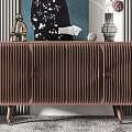 Modern Console Cabinet And Sideboard With Pleated Wooden Design Shelves Mirror Vase Sculpture And Decorative Balls