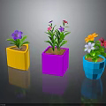 Colorful Square Flower Pots With Vibrant Colored Flowers And Green Leaves