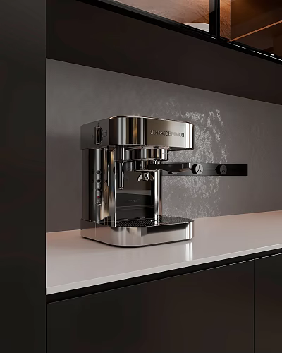 Sleek Stainless Steel Espresso Machine Kitchen Appliance on Modern White Countertop 3d model