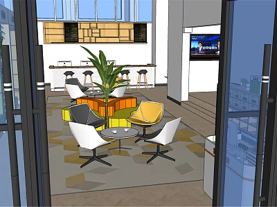 Stylish Modern Bubble Tea Shop Interior With Colorful Chairs Green Plant And TV Screen 3d model