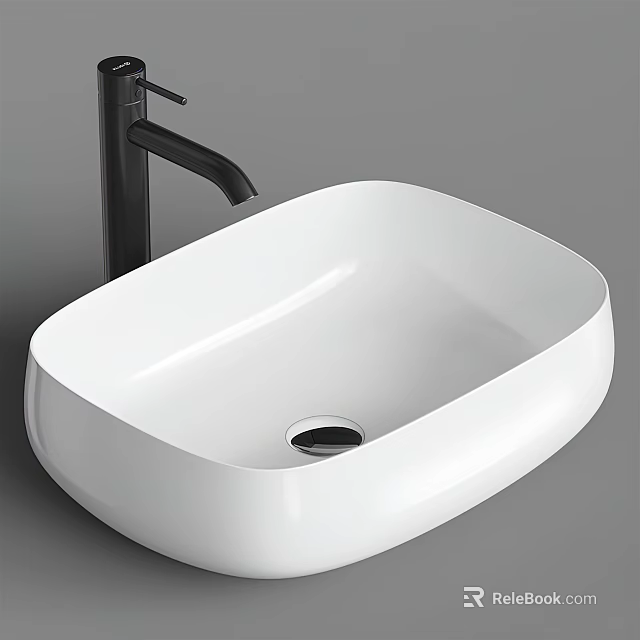 Modern White Vessel Wash Basin With Sleek Black Faucet For Bathroom Countertop 3d model 