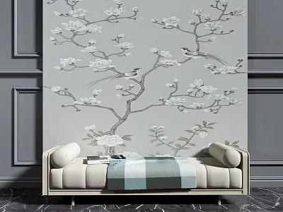 Dark Gray Wall Mounted Cabinets Flanking Sofa With Gray Wall And Floral Bird Wallpaper 3d model
