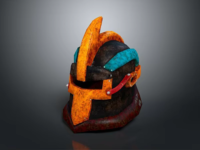 Medieval Style Helmet With Orange Teal Red Accents And Rustic Metallic Design Elements 3d model