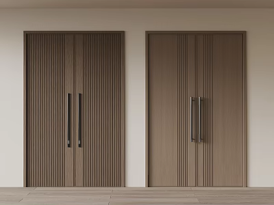 Brown Wooden Double Doors With Vertical Stripes And Metal Handles Against White Wall Wooden Floor 3d model