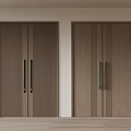 Brown Wooden Double Doors With Vertical Stripes And Metal Handles Against White Wall Wooden Floor