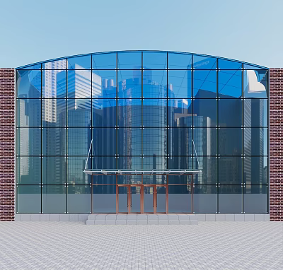 Modern Building Exterior Design With Glass Curtain Wall Red Brick And Urban Reflections 3d model
