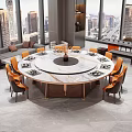 Elegant Restaurant Interior with Round Marble Table and Orange Chairs Overlooking City View