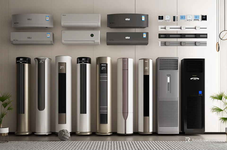Various Types of Air Conditioner Fans Including Wall Mounted Standing and Cabinet Designs 3d model 