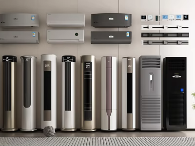 Various Types of Air Conditioner Fans Including Wall Mounted Standing and Cabinet Designs 3d model