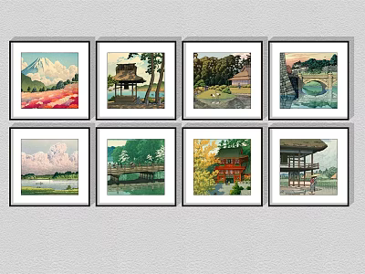 Set of Eight Landscape Paintings With Mountains Pavilion Trees Lake Bridge and Red Leaves 3d model