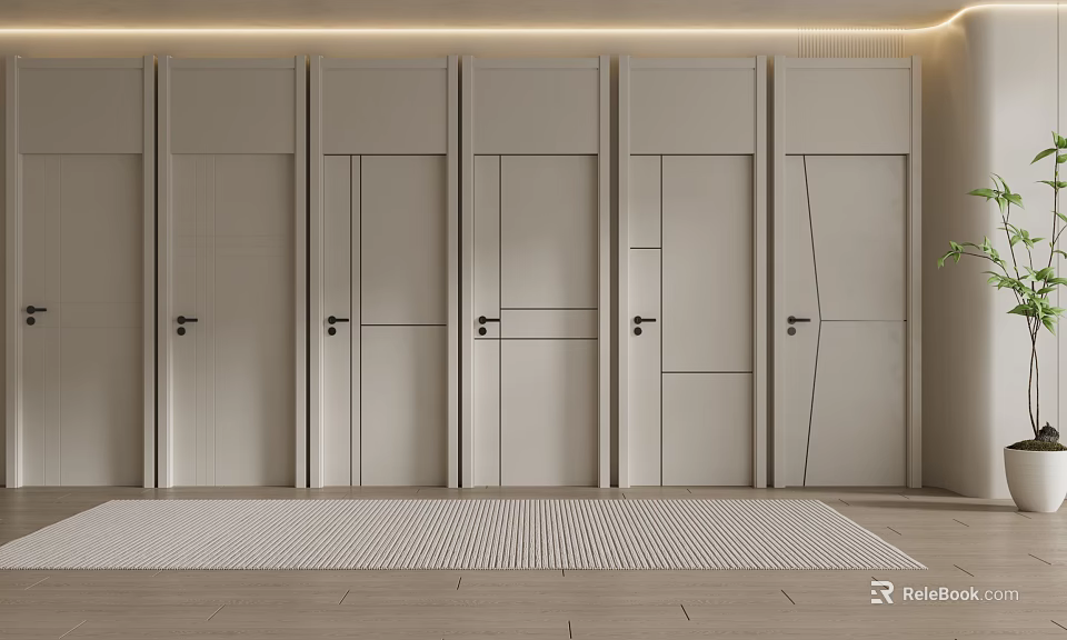 Modern Hinged Doors Interior Display With Different Panel Designs And Light Color 3d model