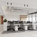 Modern Break Room With Blue Ceiling Panels Large Windows City View Kitchen Cabinets And Tables