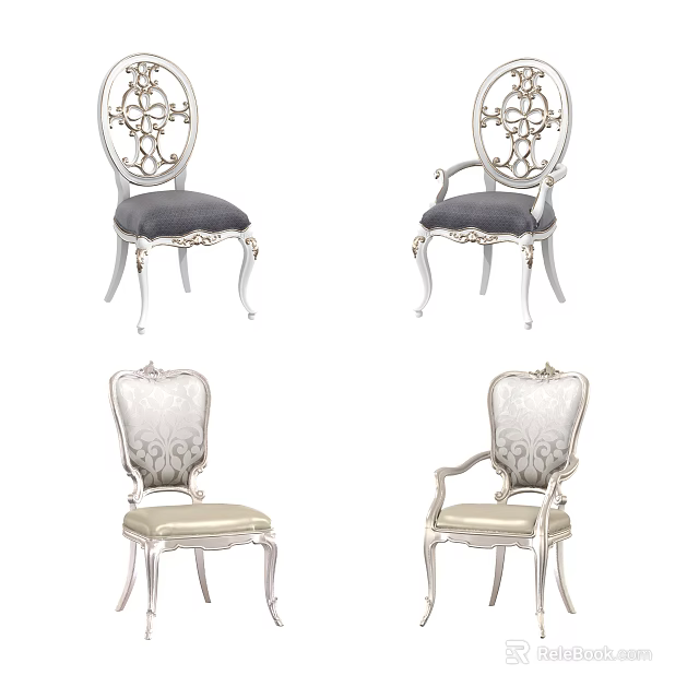 Classic Dining Chairs With Ornate Carved Silver Frame Gray Beige Upholstered Seats And Armrest Styles 3d model 