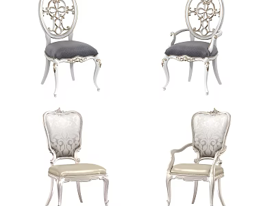 Classic Dining Chairs With Ornate Carved Silver Frame Gray Beige Upholstered Seats And Armrest Styles 3d model