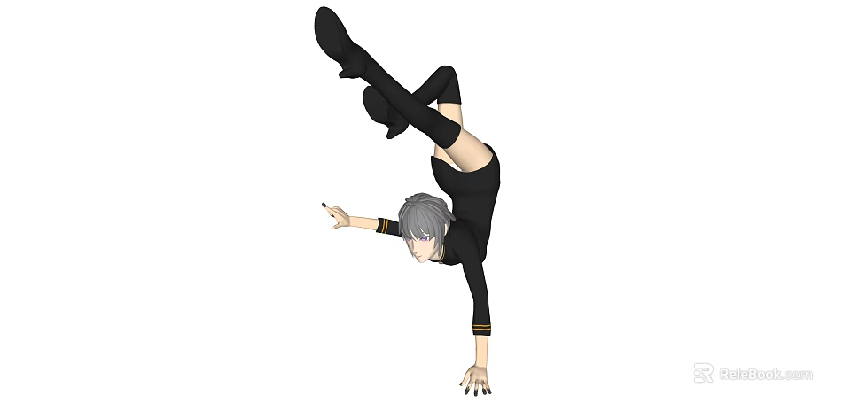 Game Movie Character Performing Dynamic Handstand With Gray Hair And Black Outfit 3d model 