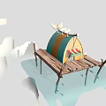 Cartoon Scenic Tent On Wooden Platform Over Water With Clouds And Small Boat