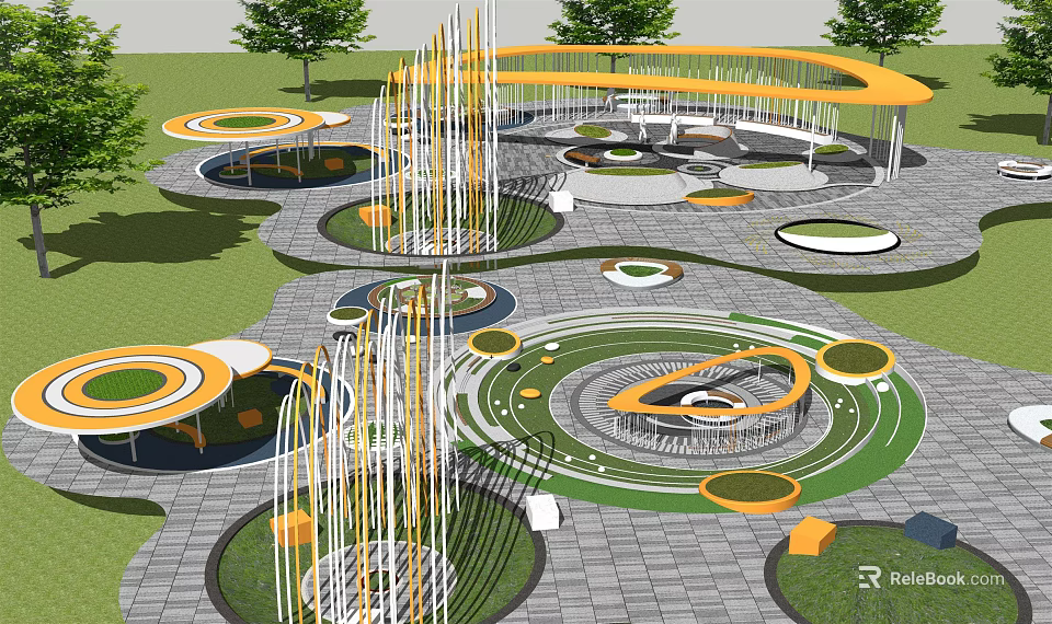 Arbor Trees in Modern Park With Circular Design Yellow Canopies And Fountain Shafts 3d model 