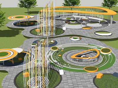 Arbor Trees in Modern Park With Circular Design Yellow Canopies And Fountain Shafts 3d model