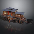 Ancient Two Story Wooden Mobile Building With Tile Roof Windows And Elephant Drawn Wheels
