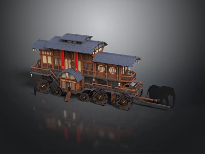 Ancient Two Story Wooden Mobile Building With Tile Roof Windows And Elephant Drawn Wheels 3d model