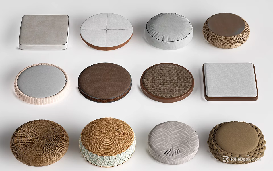 Decorative Ornament Set Featuring Various Round Square Woven Fabric Textured Cushions In Neutral Tones 3d model 