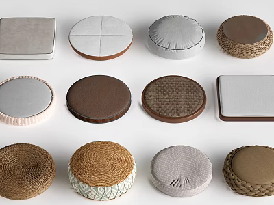 Decorative Ornament Set Featuring Various Round Square Woven Fabric Textured Cushions In Neutral Tones 3d model
