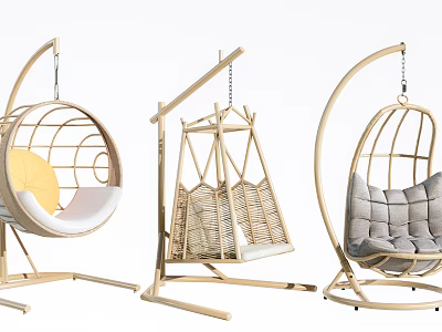 Various Stylish Hanging Chairs With Rattan Frame And Comfortable Cushions 3d model