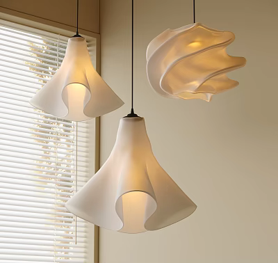 Modern Interior White Wavy Design Chandeliers Hanging Near Window With Window Blinds And Plants 3d model