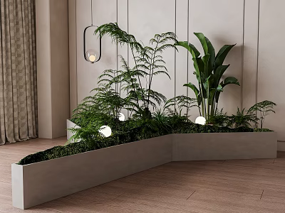Indoor Potted Green Plants in Long Gray Planter with Ferns Large Leaves and Decorative Lights 3d model