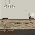 Elegant Reception Desk Interior With Textured Wooden Surface Pendant Lights And Stools 3d model