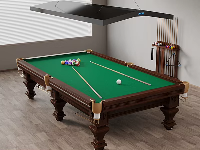 Billiard Room Interior Design With Wooden Table Green Felt Balls And Cue Sticks 3d model