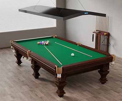 Billiard Room Interior Design With Wooden Table Green Felt Balls And Cue Sticks 3d model