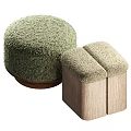 Green Textured Round Ottoman With Wooden Base And Square Padded Top Design