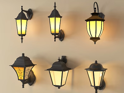 Classic Black Metal Wall Lamps with Yellow Glass Shades and Vintage Designs 3d model