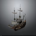 Ancient Wooden Sailing Ship with Multiple Masts and White Sails as Water Transport