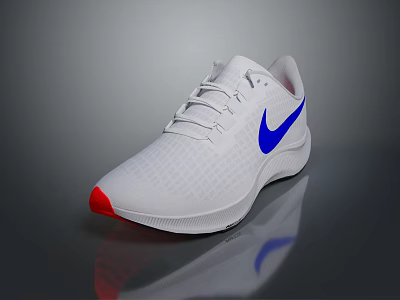White Nike Running Shoes Featuring Blue Swoosh Logo And Red Toe Design On Gray Surface 3d model