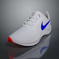 White Nike Running Shoes Featuring Blue Swoosh Logo And Red Toe Design On Gray Surface