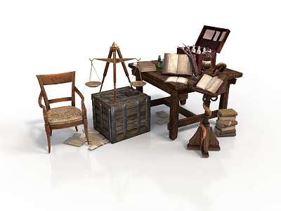 Antique Study Room Setup With Wooden Table Chair Balance Scale Books And Trunk 3d model