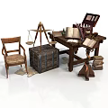 Antique Study Room Setup With Wooden Table Chair Balance Scale Books And Trunk