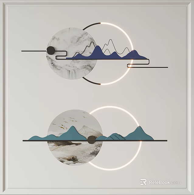 Minimalist Modern Wall Decor With Circular Rings Mountain Peaks And Bird Motifs 3d model 