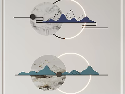 Minimalist Modern Wall Decor With Circular Rings Mountain Peaks And Bird Motifs 3d model