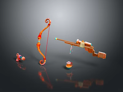 Orange Bow And Wooden Rifle With Scope Red Arrow And Bullet Models On Black Surface 3d model