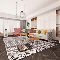 Modern Living Room Design Featuring White Brick Wall Blue Accent Herringbone Floor And Geometric Rug