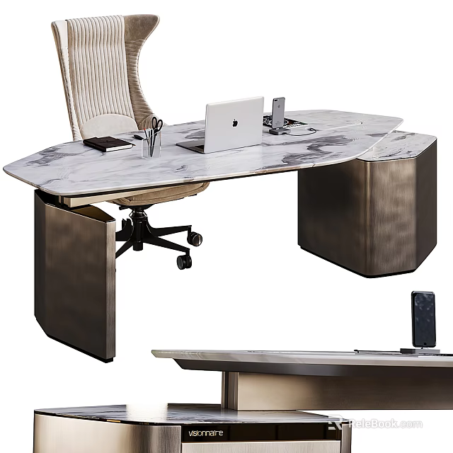 Modern Stylish Office Desk With Marble Top Metal Legs Laptop And Stationery Setup 3d model 