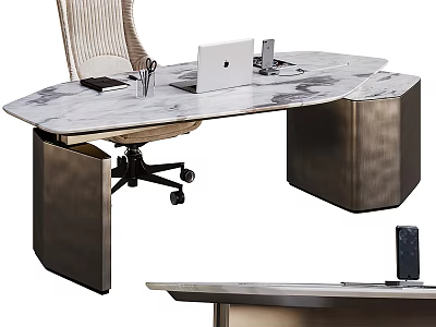 Modern Stylish Office Desk With Marble Top Metal Legs Laptop And Stationery Setup 3d model