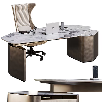 Modern Stylish Office Desk With Marble Top Metal Legs Laptop And Stationery Setup 3d model