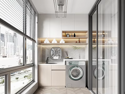 Home Balcony Laundry Space With Washing Machine Cabinets And City View Windows 3d model