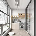 Home Balcony Laundry Space With Washing Machine Cabinets And City View Windows