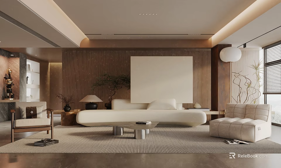 Modern Living Room Interior With Beige Sofa Wooden Wall Panel Large Artwork And Textured Rug 3d model 
